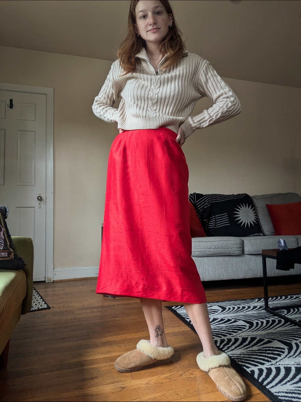 80s Red Silk Midi Skirt